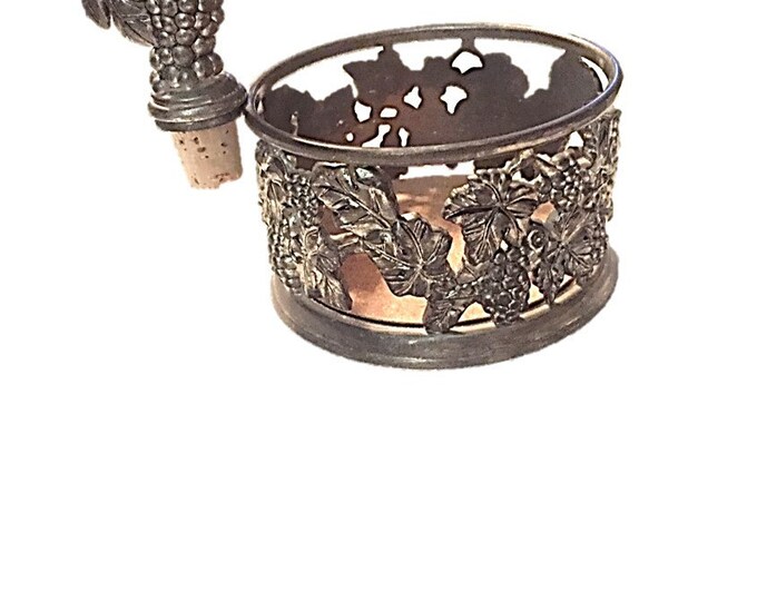 Vintage Godinger Silver Plate Wine Bottle Holder with original cork Grape Vine design Barware