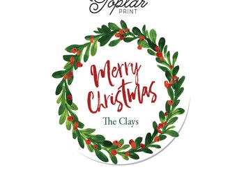 Wreath Round Personalized Address Gift Labels Labels Stickers 2 circle return address round Christmas Berries C12