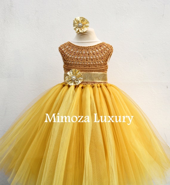 Gold Deluxe Tutu dress, gold birthday dress, gold flower girl dress, golden princess dress, gold tulle dress, gold luxury girls dress