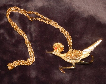 Vintage Gold Road Runner Necklace Extra Large Gold Tone RoadRunner Long Pendant Necklace