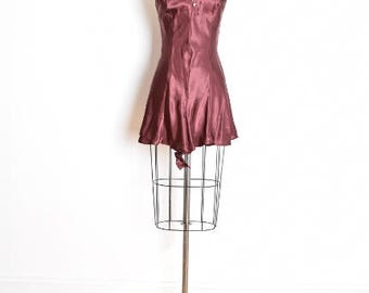 vintage 80s romper, satin romper, lingerie romper, 80s teddy, satin teddy, burgundy brown, 80s lingerie, one piece, 80s nightie, M medium