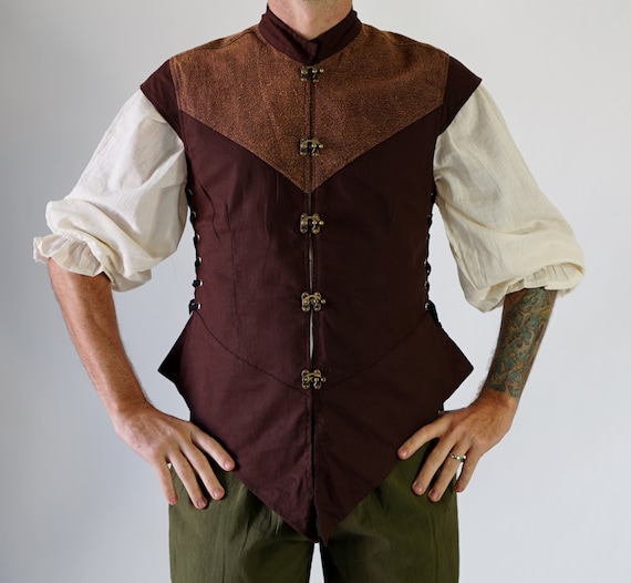 DOUBLET BROWN With STONE Brown - Renaissance Festival Clothing, Medieval Costume, Doublet, Jerkin, Vest, Pirate Coat, High Quality Cotton by zootzugarb steampunk buy now online