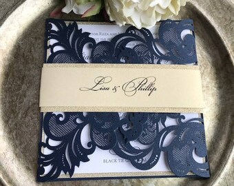 Navy Laser cut wedding invitation, navy wedding invitations, Glitter wedding invitation, navy and gold invitation, laser cut invitation