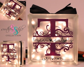 Glass block with lights, Newlywed Gift, Wedding Gift, Monogrammed Gift, Custom Night Light Block