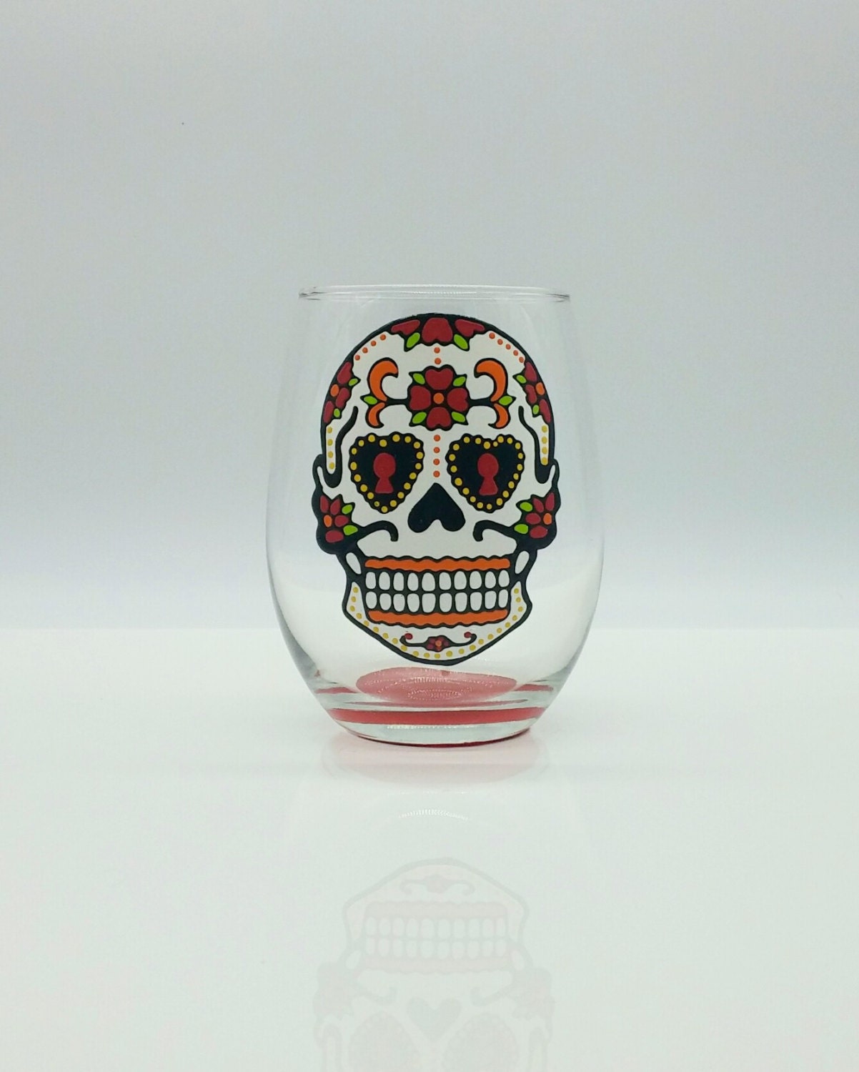 Sugar Skull Hand Painted Stemless Wine Glass Dia De Los