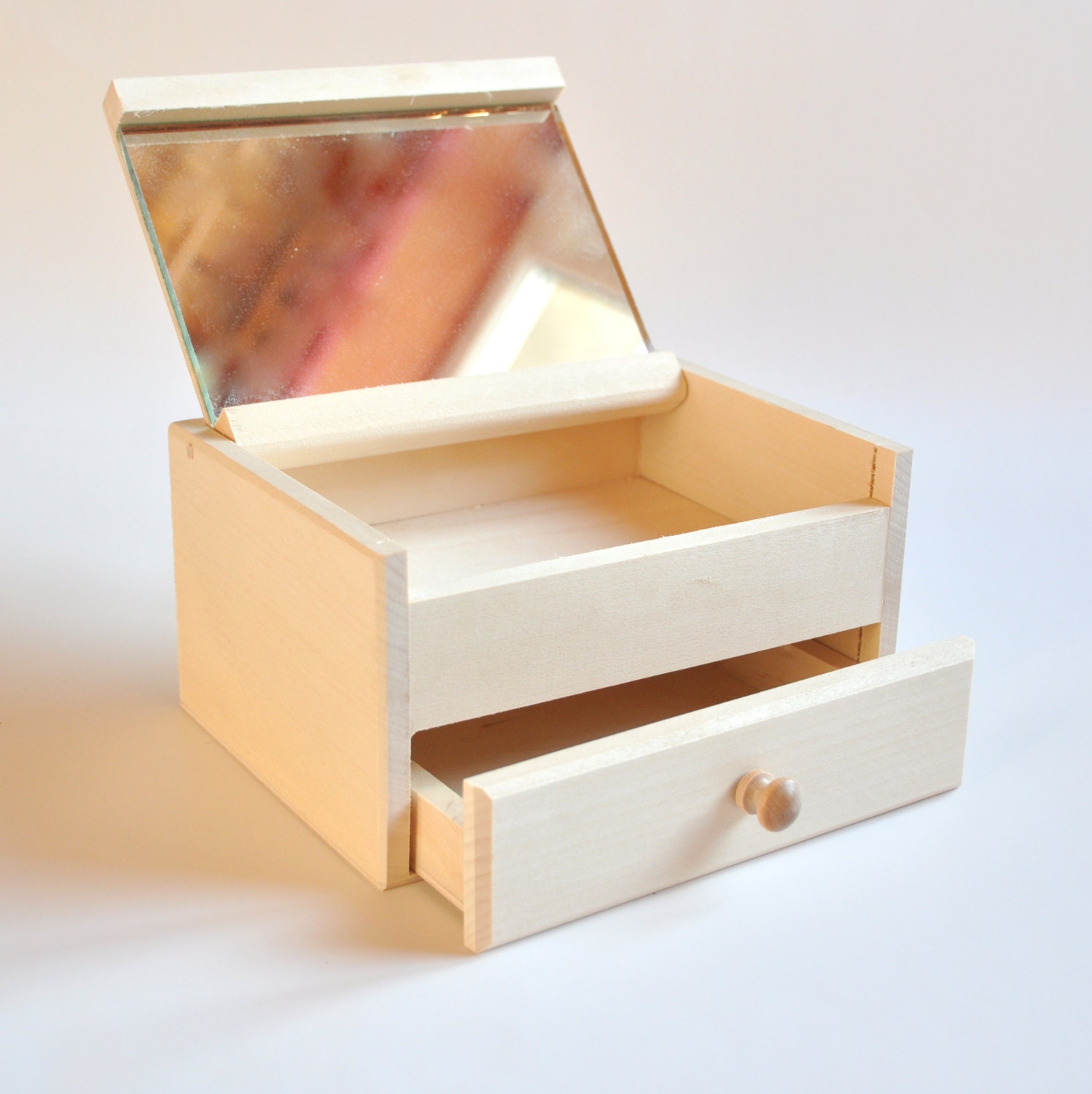 Wooden Box with Drawer and Mirror. Jewelry Box. Unfinished