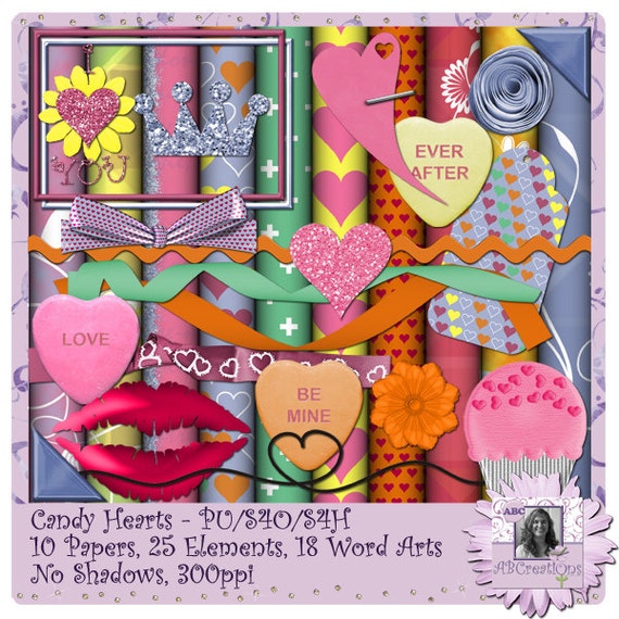 Candy Hearts kit, Digital Scrapbooking kit, digiscrap, scrapbook, paper crafting, card making, home decor, page kit, craft projects, clipart
