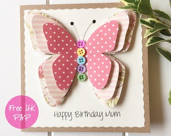 Mum Birthday Card - Birthday Card for Sister - Butterfly Card - Handmade Birthday Card-Personalised Birthday - Paper Handmade Greetings Card