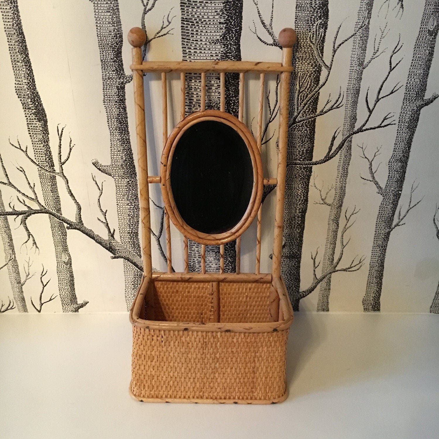 Vintage Bamboo Wicker Rattan Vanity Shelf Box with Mirror