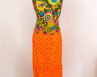 Dreamy 1960s Summer Dress - S/M - Hawaiian Dress - Neon Dress - 60s Dress - Vacation Dress - Festival Dress - Hippie Dress - 2 pc - Orange
