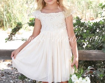Lace Crochet Flower Girl Dress, Rustic Ivory / Champange Crochet Girls Dress,Bohemian Boho Flower girl,Rustic Crochet Girl Dress, Mia Dress
