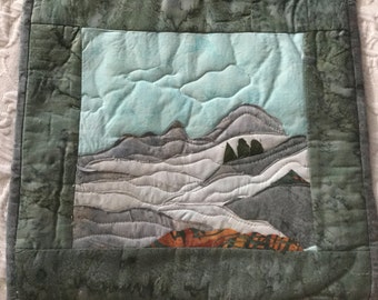 landscape quilt, batik fabric, craft pattern, mixed media, wall hanging, fabric art work, patchwork quilt, fiber art, applique quilt