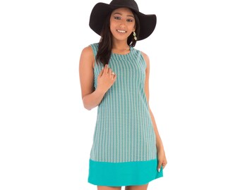 60s Style Summer Cotton Tunic Dress Light Blue Turquoise Green Print with Pockets