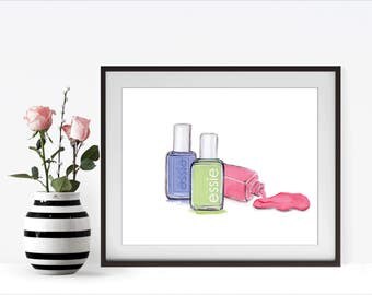 Essie Nail Polish, Blue Pink Green, Nail Polish, Watercolor Illustration