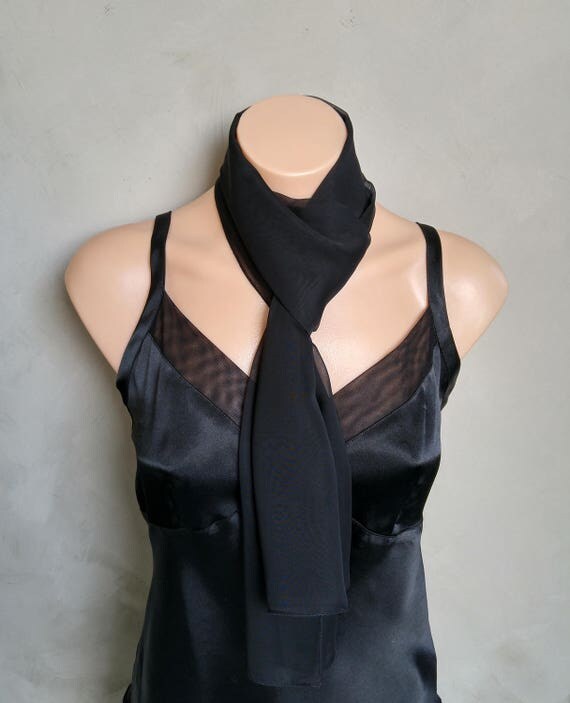 Black Scarf, Onyx Scarf, Black Skinny Scarf, Sheer Chiffon Black Scarf, Scarf Black, Black Scarf Onyx, Skinny Black Scarf, Sheer Black Scarf