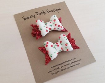 Cherry Hair Bows,Toddler Hair Clips,Toddler Hair Bows,Felt Hair Bows,Chunky Glitter Bows,Red Glitter Bows,Girls Hair Bows,Hair Bow Set