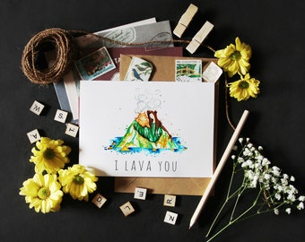 I Lava You Greeting Card Happy Anniversary, Valentine's Day A6 Watercolour I Love You Volcano Watercolour Greeting Card