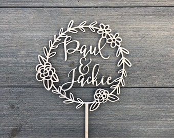 Floral Wreath Wedding Cake Topper with Personalizable Names 5.5"D inches, Personalized Custom Unique Laser Cut Wood Rustic Toppers