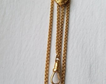 Antique Victorian 14K Solid Gold Long Guard Chain, Pocket Watch Chain, Rococo Repousse Heart Seed Pearl Slide, 54 Inches