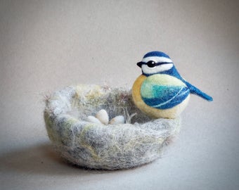 Needle felted Blue Tit nest by The Lady Moth - ready to ship - bird nest with eggs - blue tit sculpture - spring decoration - UK