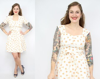 Vintage 70's White Mini Dress / Sundress / 3 Piece Set / 1970's Dress and Jacket / Peach Flowers / Floral Sun Dress / Women's Size Medium