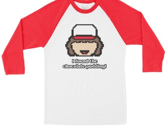Stranger Things Raglan | Premium Baseball Tee, Dustin's Chocolate Pudding, Netflix, Barb, Eleven, Upside Down, Hawkins Middle School