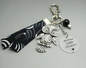 porte clé liberty cabochon personnalisable Maîtresse super chouette - cadeau scolaire - teacher gift