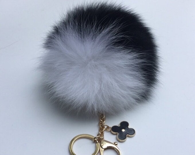 New! Black and White FW'15 fox fur Pompon bag charm pendant Fur Pom Pom keychain keyring with flower charm