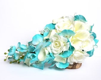Turquoise Wedding Bouquet , Aqua Blue Wedding Bouquet , Turquoise and Ivory Wedding Boquet , Burlap and Lace , Real to touch and Silk