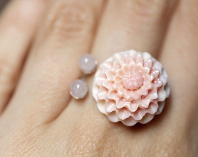 Shell flower ring flower rose quartz dainty natural shell gold ring