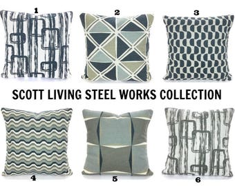 Gray Tan Decorative Throw Pillow Covers Cushions Scott Living Designer Fabric, Dark Blueish Charcoal, Tan Taupe Light Gray on Natural