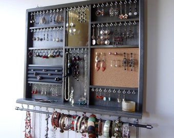 Jewelry holder. Large earrings display shelf. GRAY stain jewelry storage. wall mounted earring holder. jewelry organizer. earrings storage