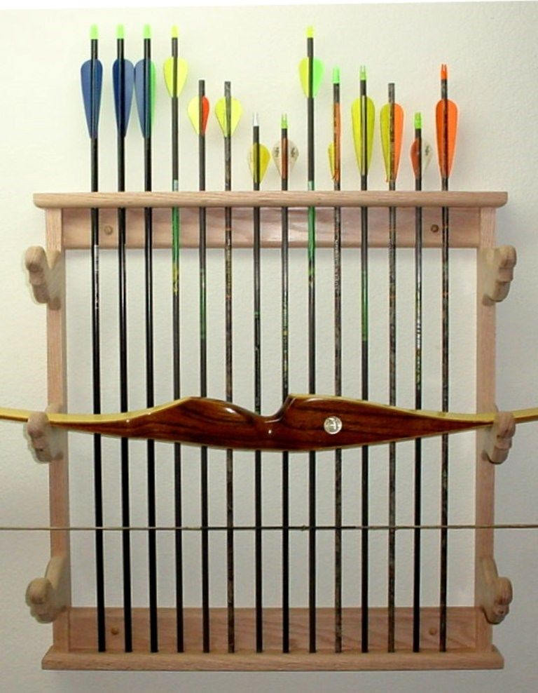 Oak Wooden 3 Bow Rack & Arrows Compound Recurve Archery Wall Display