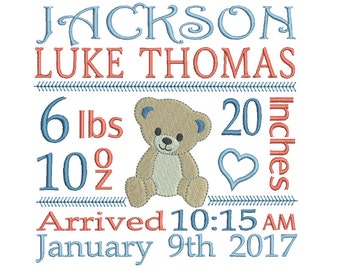 Birth Announcement Template Embroidery, Instant Download, Subway Art Baby Boy Birth Template, AM/PM, Teddy Embroidery Design no: ST509-26