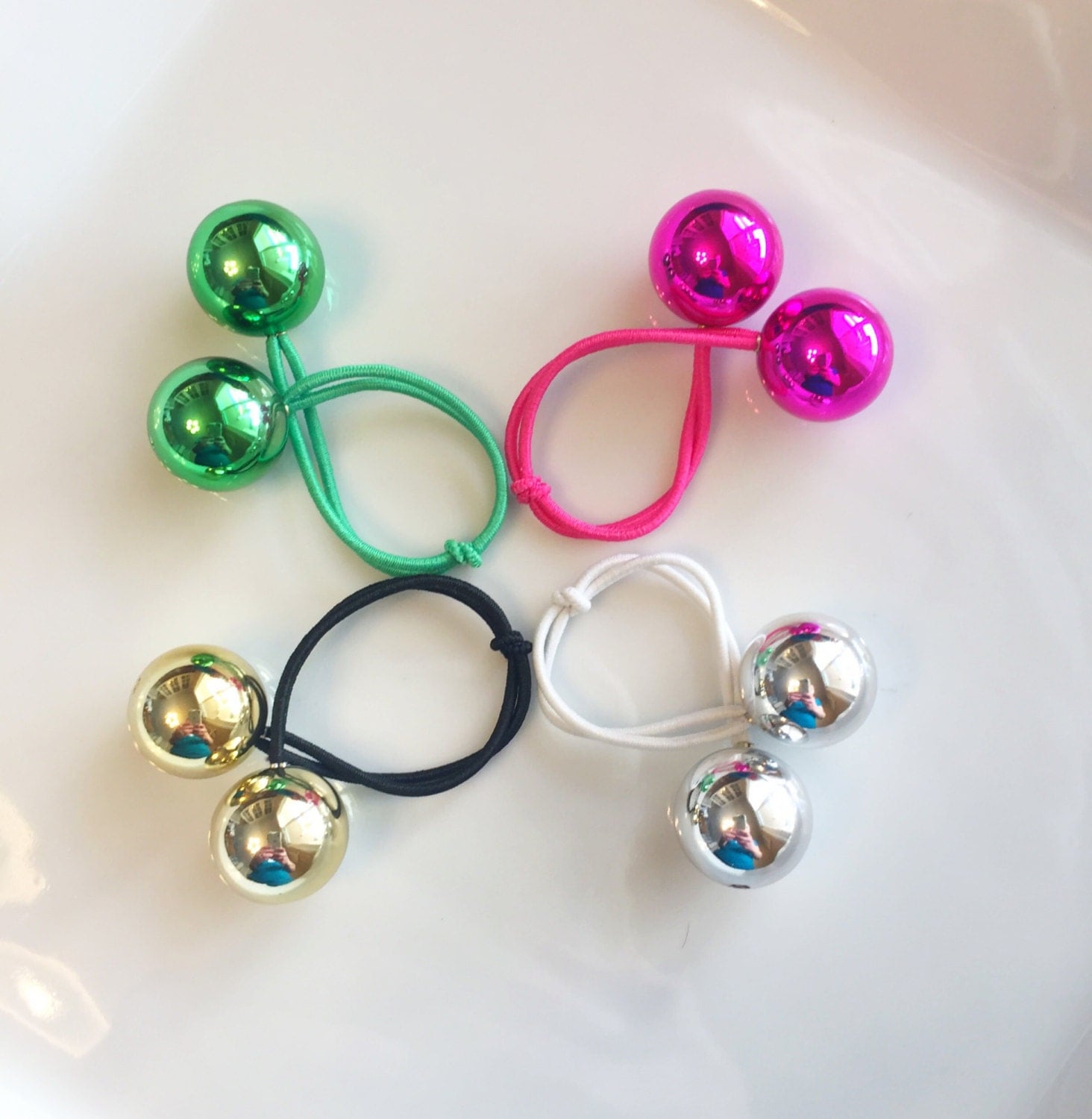 Set of FOUR shiny double ball ponytail holders hair ties