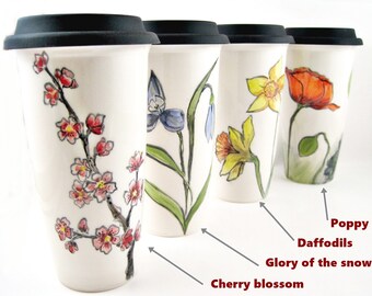 Ceramic travel mug, Hand painted to go mug with lid, coffee mug with lid