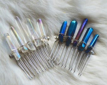 Aura Quartz Crystal Hair Combs, Bridal Hair Accessories