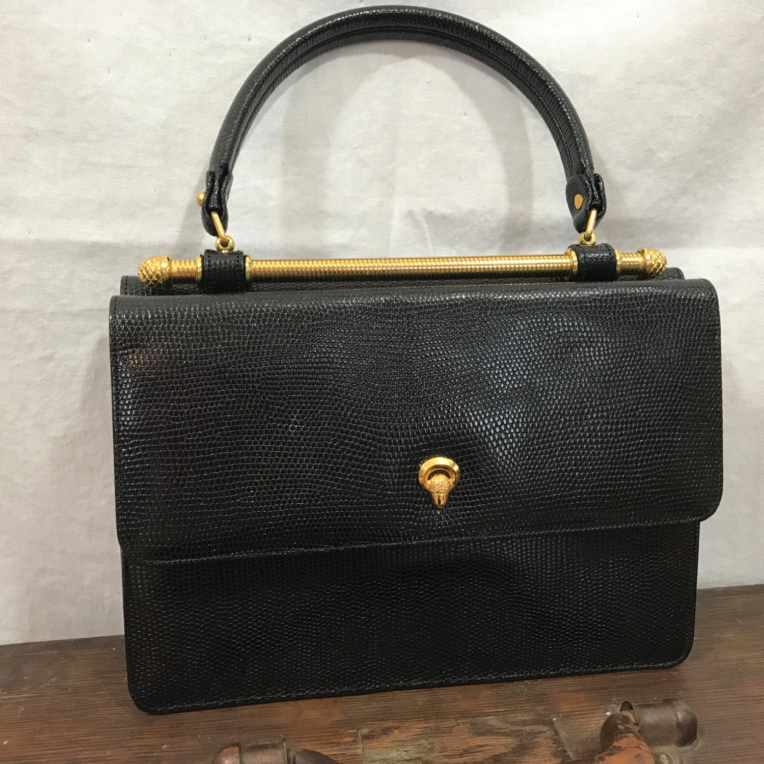 BIENEN DAVIS Handbag Genuine Lizard Vintage 50s Black Leather