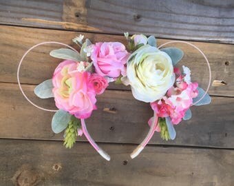 Pretty in Pink, Minnie Mouse Ears, Floral Minnie Ears, Wire Minnie Ears, Mickey Ears, Minnie Ears, flexible wire, pink floral ears