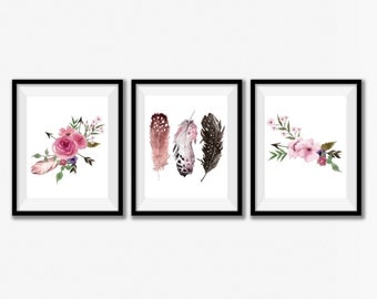 Girl Nursery Print Set, Rustic Home Decor, Home Decor Wall Art, Woodland Nursery Art, Boho Home Decor, Tribal Print Set, Floral Set of 3.