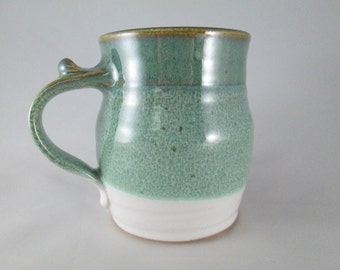 LIMITED EDITION MUG, Stoneware Coffee Cup in Green / White Glaze - Dishwasher, Oven & Microwave Safe Pottery