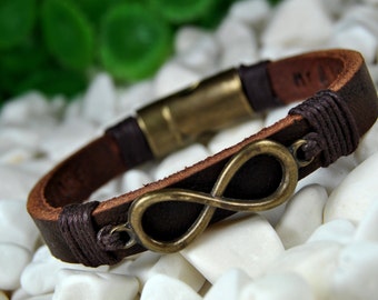 Personalized Leather Bracelet, Bronze Infinity Bracelet, Magnetic Clasp, Mens Bracelet, Hidden Message, Custom Leather, Women Bracelet, Gift