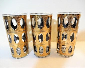 Vintage Culver "Pisa" Gold Highball Glasses - Set of 3 - 22K Gold Decoration - Mid Century Barware
