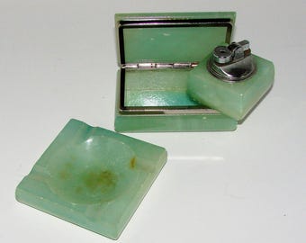 Ashtray Lighter Cigarette Box Green Stone Vintage Mid Century