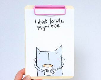 The cat that drinks tea print