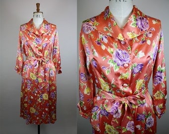 1950s Floral House Coat / 50s Rayon Satin Dressing Gown / 1950s Floral Robe / Bold Floral Print / Size Medium - Large / M - L