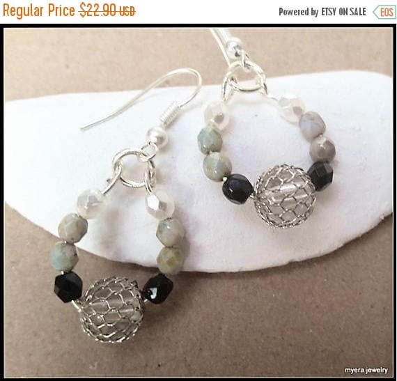 Free Shipping - Beaded drop earrings, Statement Earrings, Large Dangle Earrings, Big Womens Earrings, Black White Earrings, Womens Ball Earr