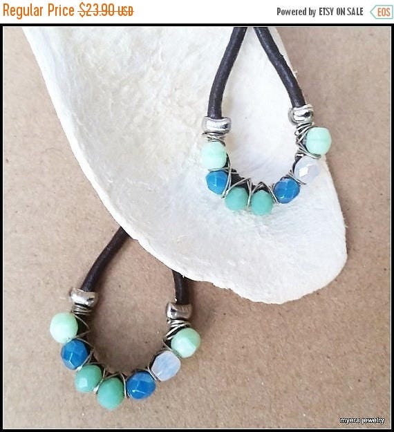 Free Shipping - Leather drop earrings, Chandelier Wire Earrings, Large Dangle Earrings, Big Womens Earrings, Blue Wire Earrings, Womens Mint