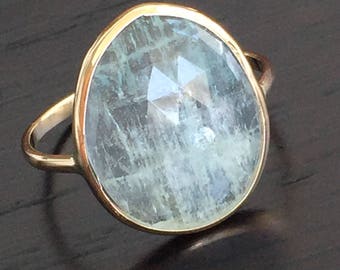 14k solid yellow gold and raw aquamarine ring, rose cut, one of a kind, moss aquamarine, free form aquamarine