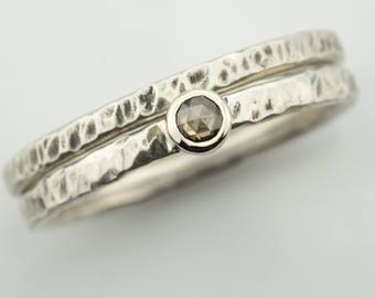 Champagne diamond silver Stack ring, diamond engagement ring, champagne diamond ring, bezel set, rose cut diamond ring, silver and gold ring